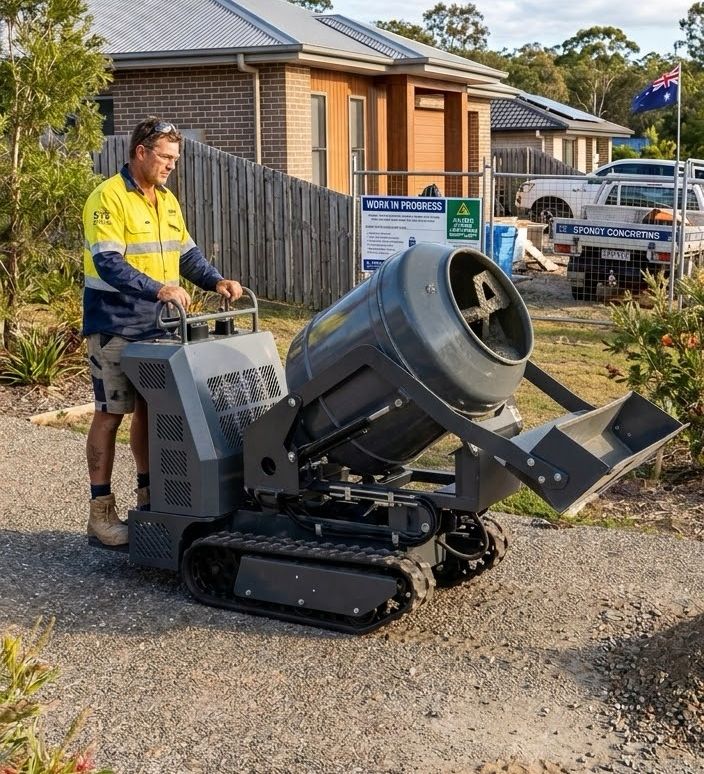 Illustration of a tracked cement mixer on a driveway