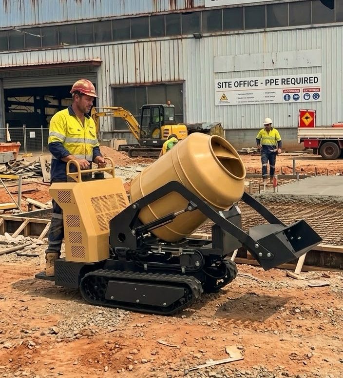 Illustration of a tracked cement mixer on a building site
